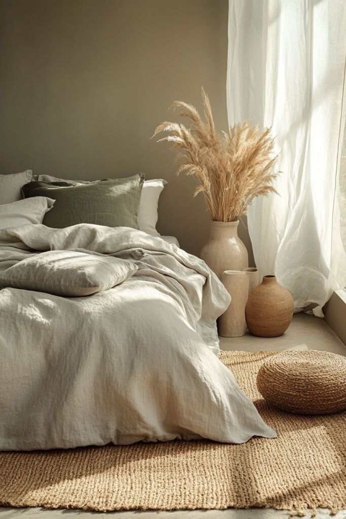 Earthy bedroom with a sage green accent wall, light linen bedding, green throw pillows, pampas grass in ceramic vases, and soft natural sunlight through sheer curtains.