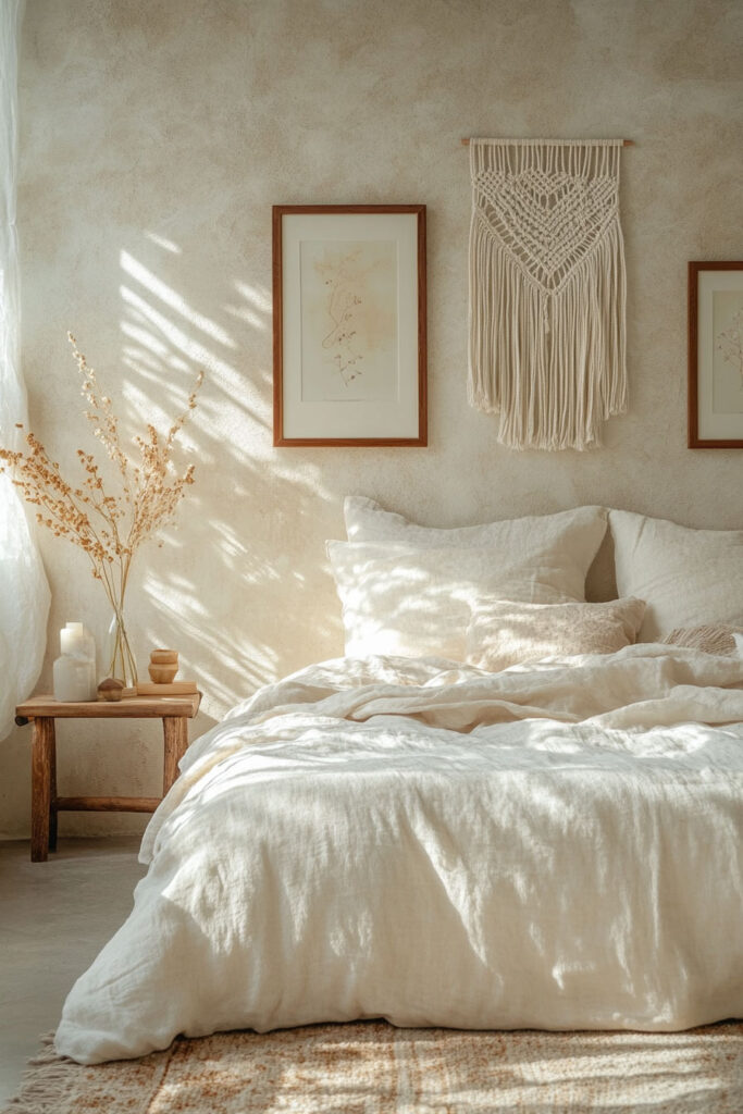 Earthy neutral bedroom with macrame wall decor, framed botanical art, and textured linen bedding in sun-drenched light.