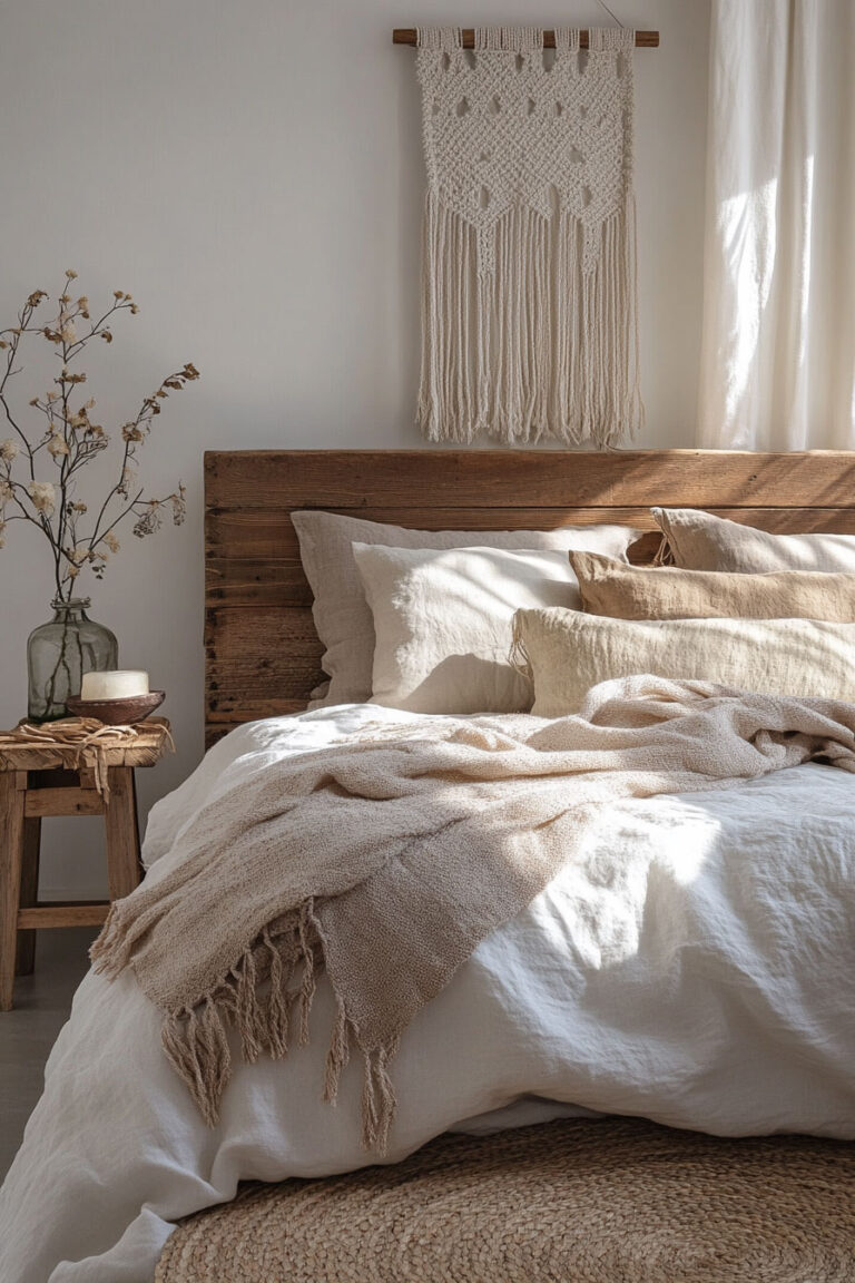 Earthy boho bedroom with a rustic wood headboard, layered natural-toned linen pillows and blankets, macramé wall hanging, and warm morning sunlight streaming across the bed.