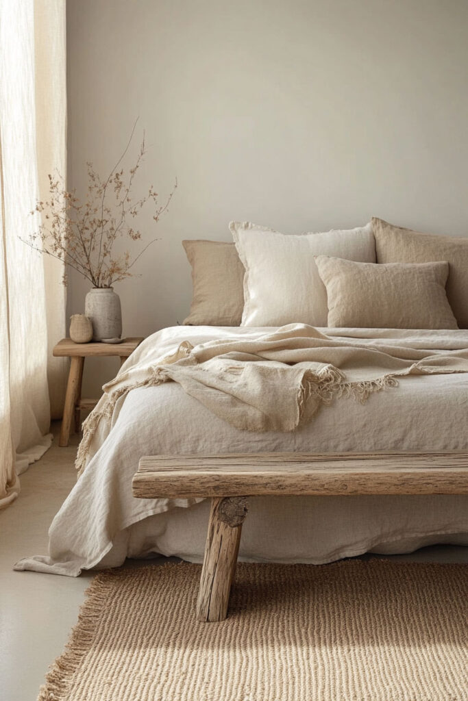 Minimalist earthy bedroom with layered neutral bedding, rustic wood bench, textured throw, and soft natural light filtering through linen curtains.