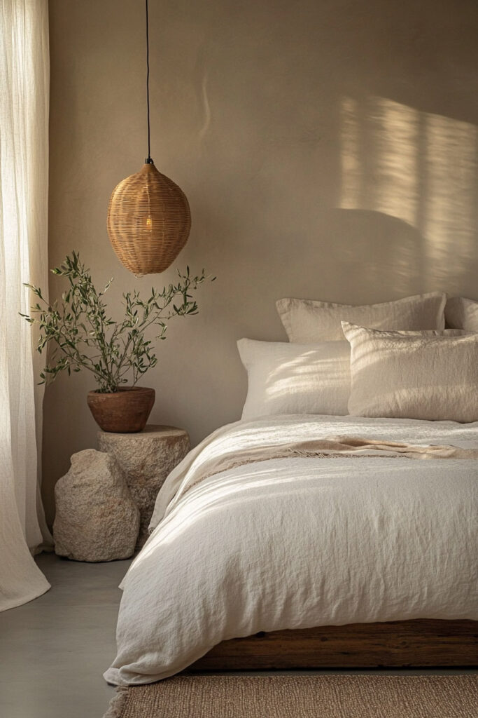 Serene earthy bedroom with a natural woven pendant light, soft neutral bedding, rustic stone side tables, and an olive tree in a clay planter.