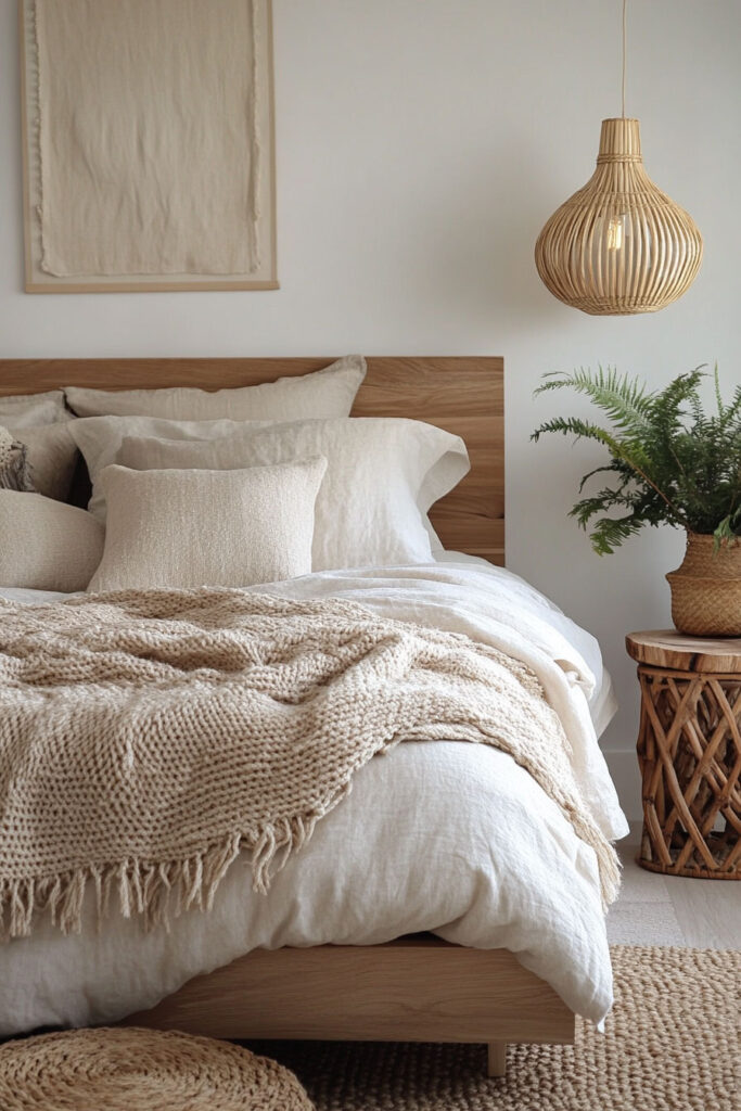Light and airy bedroom with a wood platform bed, layered neutral bedding, chunky knit blanket, and a woven nightstand with a potted fern.
