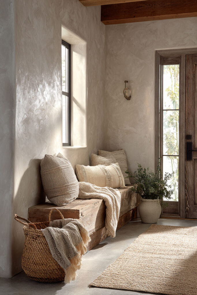 Neutral entryway with a rustic wood bench layered with textured pillows, woven basket, natural jute rug, and soft daylight streaming through a glass door for a welcoming organic feel.