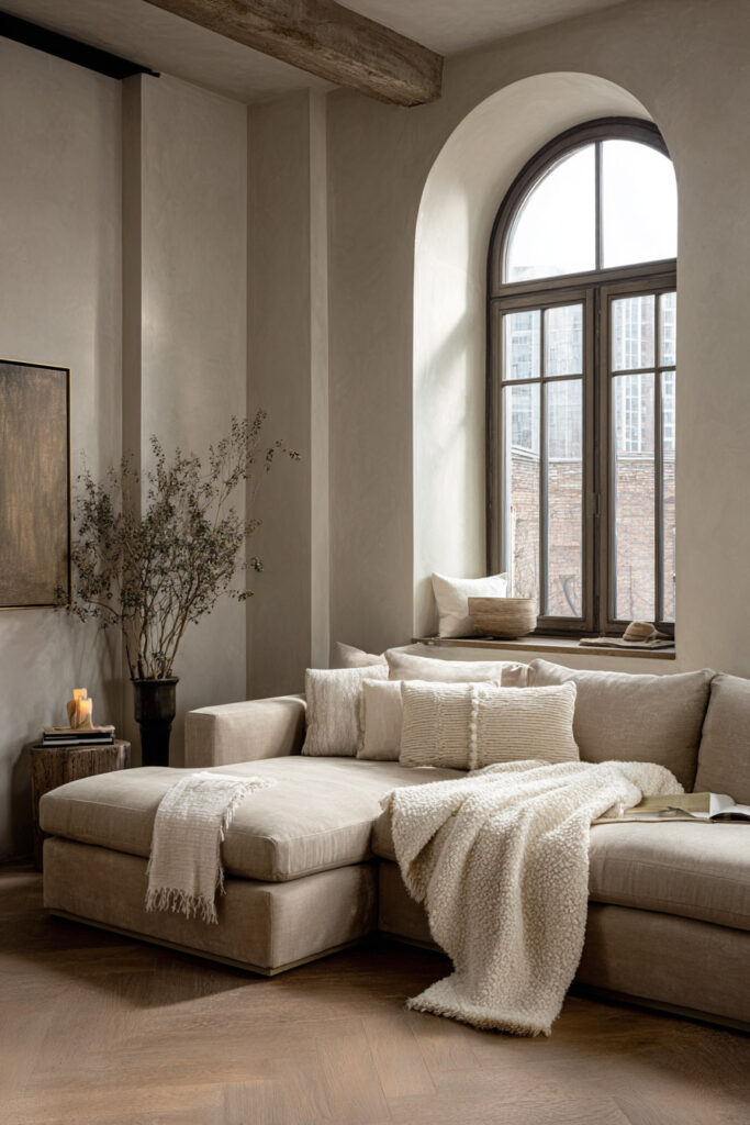 Neutral living room with an arched window, textured plaster walls, a soft beige sectional layered with pillows and a chunky knit throw, styled with natural wood accents and warm minimalist decor.