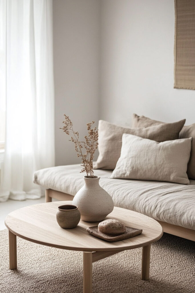 Soft neutral living room with a low round wood coffee table, ceramic vase, and layered linen cushions on a daybed-style sofa.