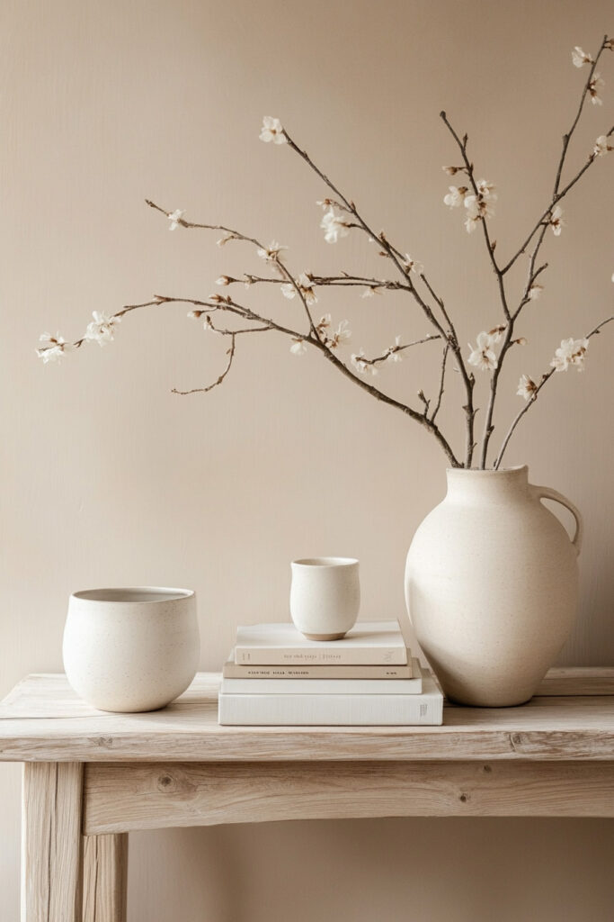 Neutral console table with a large ceramic vase holding spring branches, stacked books, and soft beige pottery in a minimalist interior.