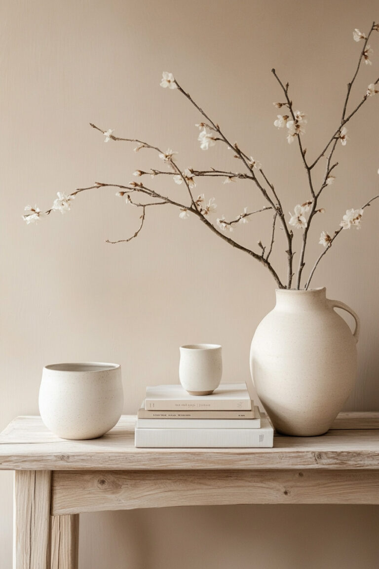 Neutral console table with a large ceramic vase holding spring branches, stacked books, and soft beige pottery in a minimalist interior.