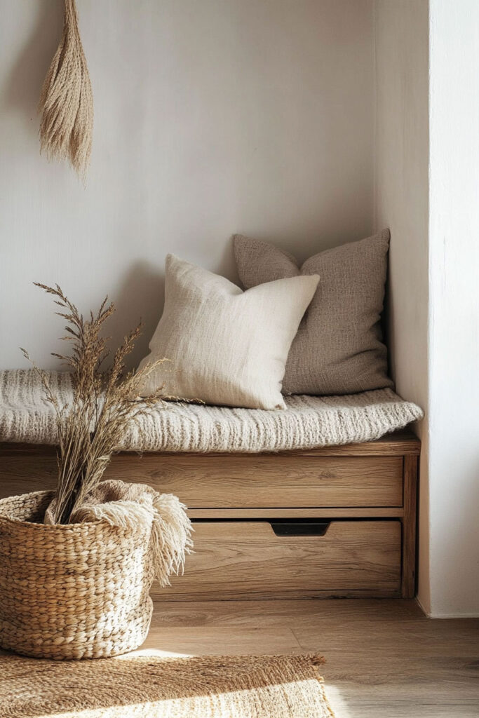 Minimalist wooden bench with textured pillows, woven basket, and neutral decor in a cozy Scandinavian corner
