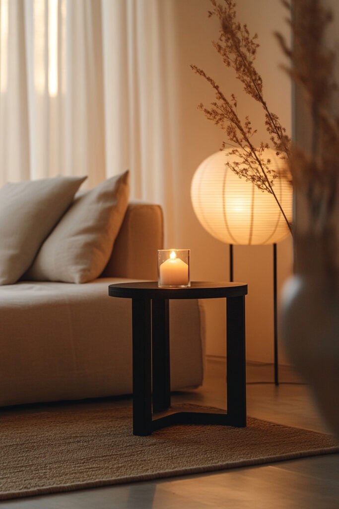 Scandinavian minimalist living room with warm ambient lighting, a round paper floor lamp, black accent table, and glowing candle