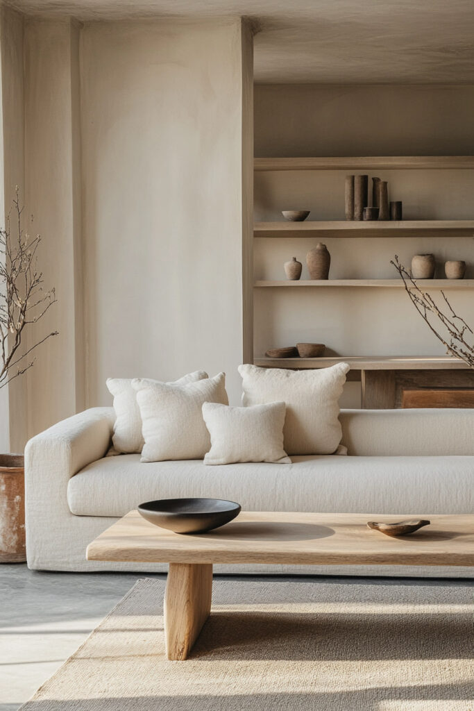 Scandinavian minimalist living room with a cream sofa, soft neutral pillows, wooden coffee table, and open shelving with earthy ceramics.