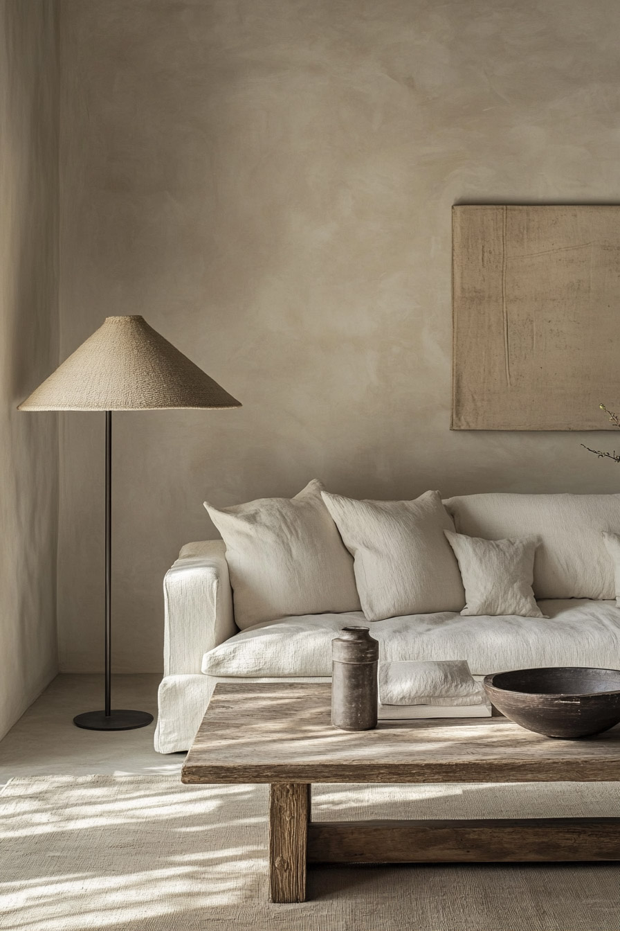 Minimalist living room with a neutral linen sofa, rustic wood coffee table, sculptural floor lamp, and textured beige walls.