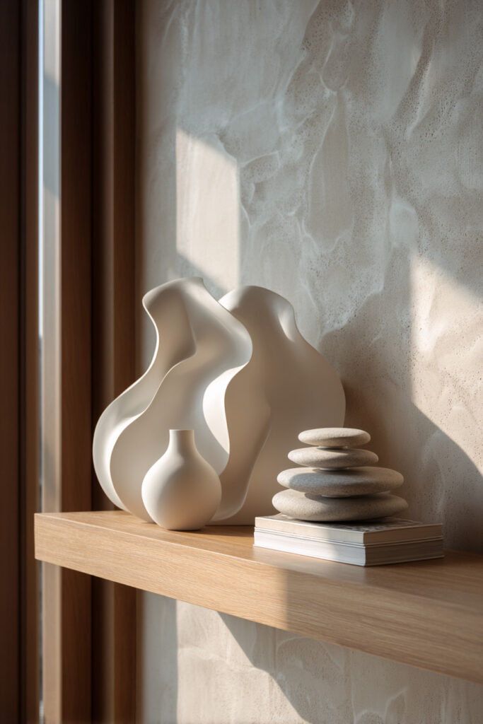Neutral sculptural ceramic vases with organic curves and stacked stone decor styled on a natural wood floating shelf against a textured plaster wall.