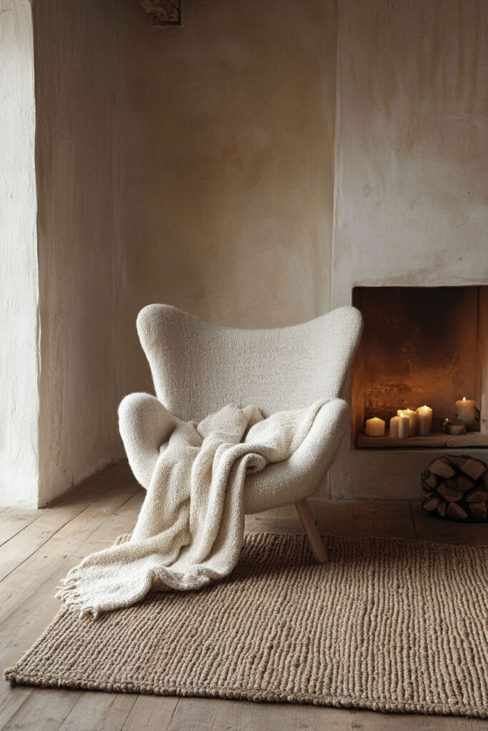 Curved boucle accent chair with a chunky knit throw placed in front of a rustic plaster fireplace filled with glowing candles on wood flooring.