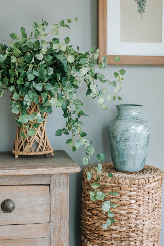 Eucalyptus-style plant in a woven rattan basket on a light wood nightstand, next to a blue ceramic vase atop a wicker side table.