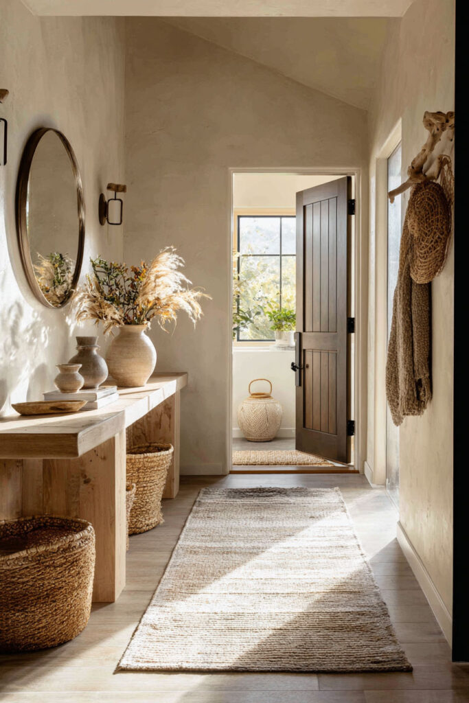 Warm neutral entryway with natural wood console table, woven baskets, earthy pottery, pampas grass arrangement, and soft sunlight streaming through the door.