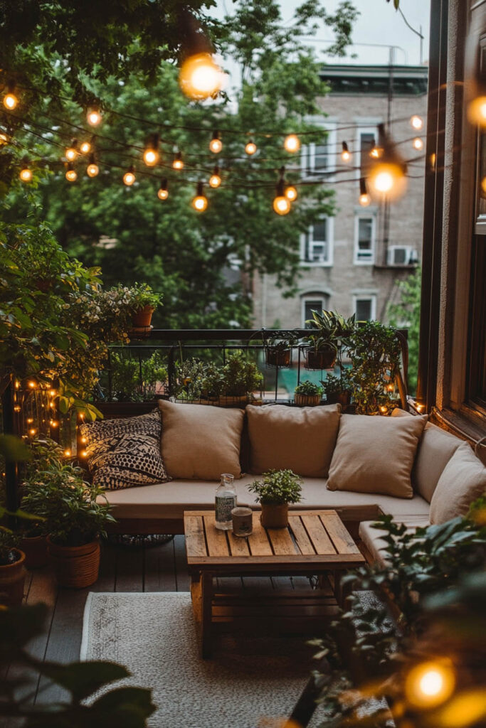 Urban cozy balcony with string lights, sectional sofa, wooden coffee table, vertical plant wall, and potted greenery.