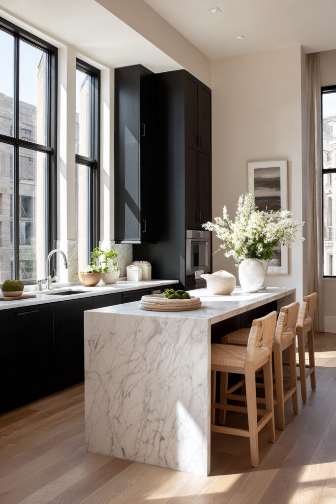 Bright kitchen with matte black cabinetry, a marble waterfall island, tall black-trimmed windows, and light wood floors accented by natural decor.