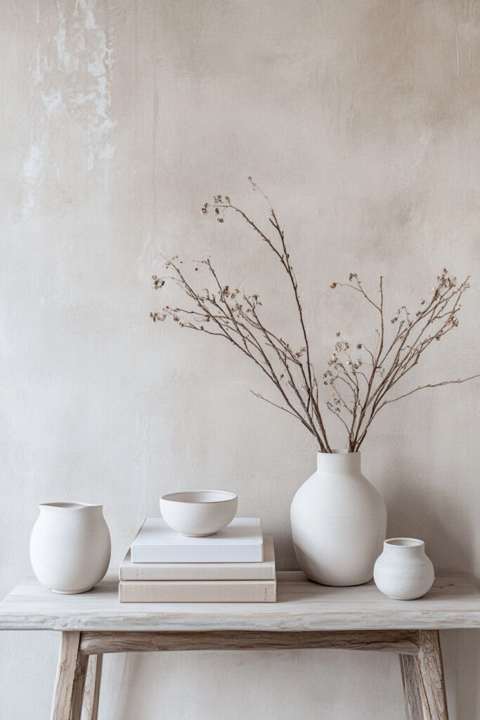 Minimalist arrangement of white ceramic vessels and dried branches on a light wood console against a textured beige wall