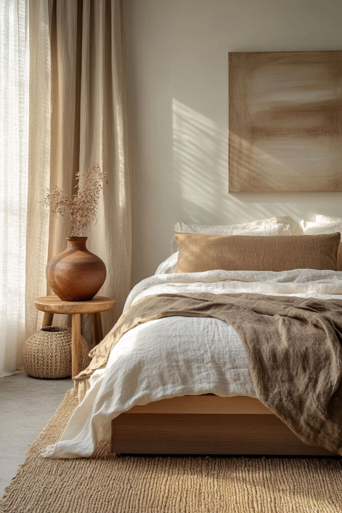 Earthy bedroom with neutral linen bedding, a brown clay vase on a wooden side table, textured rug, and soft natural light.