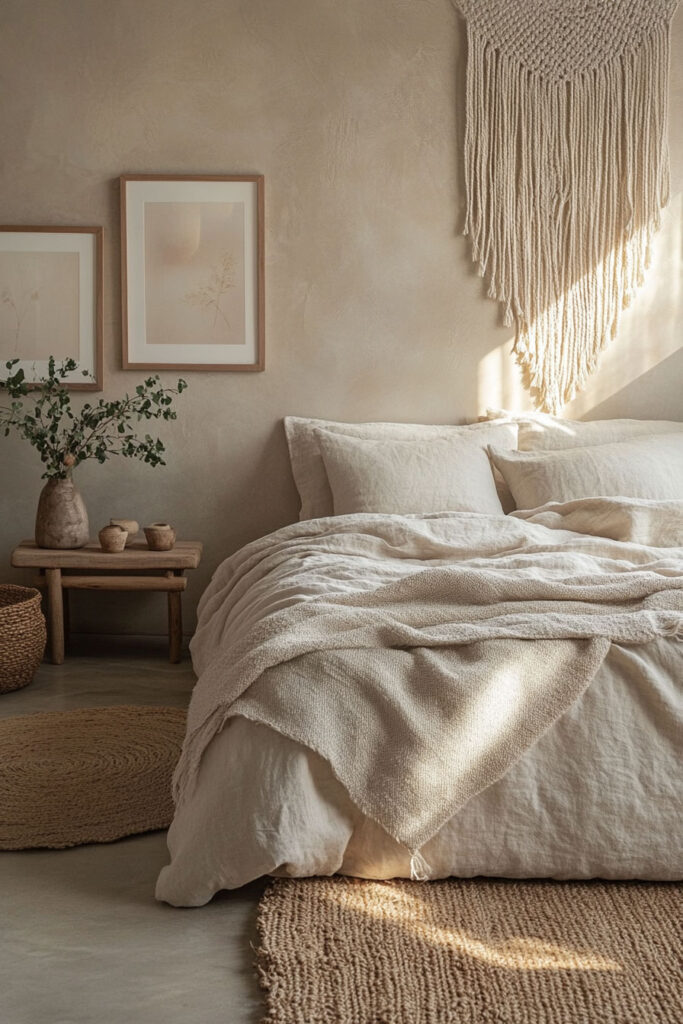 Earthy bedroom with macrame wall hanging, minimalist botanical prints, and layered natural linen bedding in warm neutral tones.