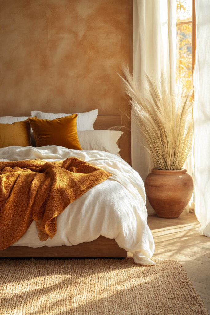 Earthy bedroom with rich ochre throw pillows and blanket, a clay-colored textured wall, pampas grass in a terracotta vase, and natural light streaming through white curtains.