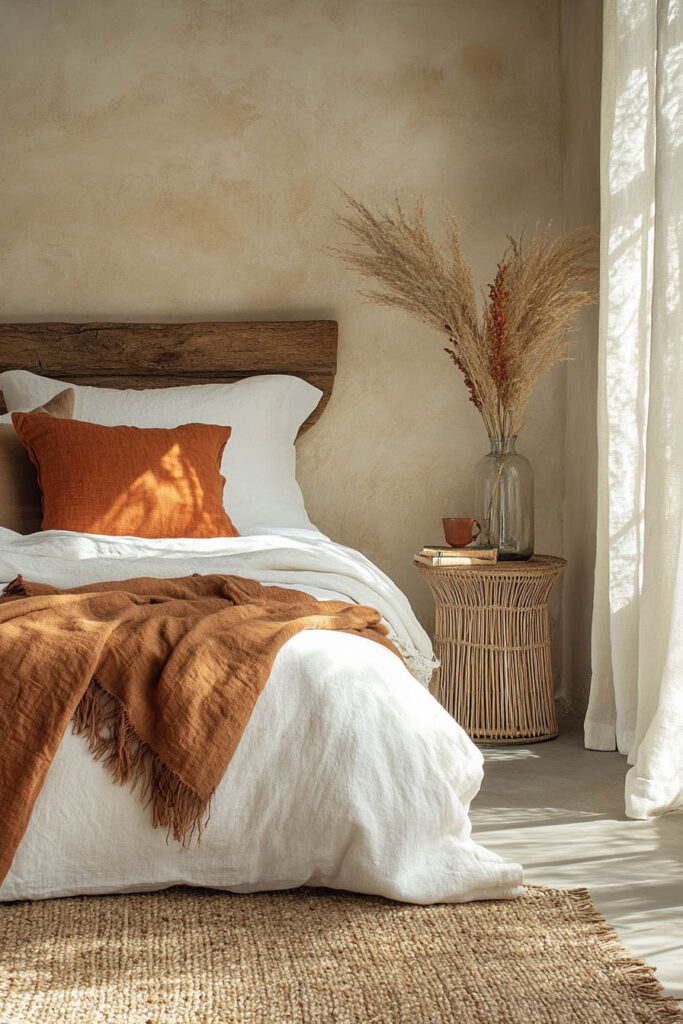Earthy bedroom featuring a rustic wood headboard, rust orange throw blanket and pillow, white linen bedding, pampas grass in a glass vase, and soft sunlight filtering through curtains.