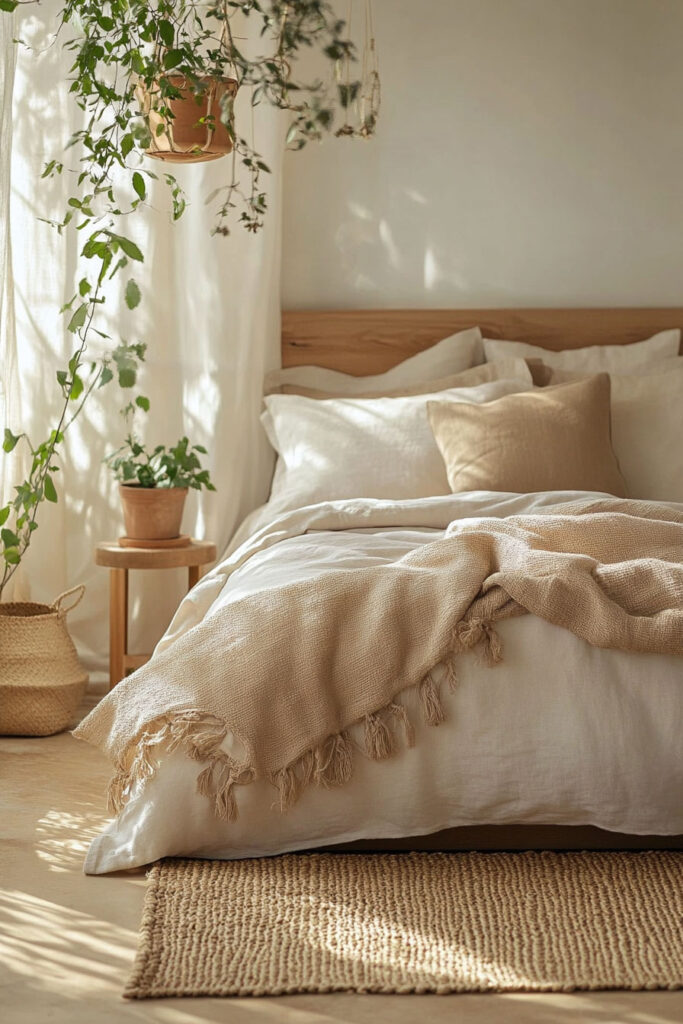 Earthy bedroom featuring trailing hanging plants by a sunlit window, layered linen bedding, and a fringed woven throw in beige tones.