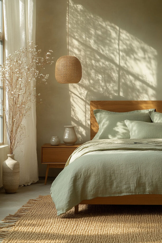 Earthy modern bedroom featuring sage green linen bedding, a woven pendant light, ceramic decor on a wooden nightstand, and soft shadows from a window.