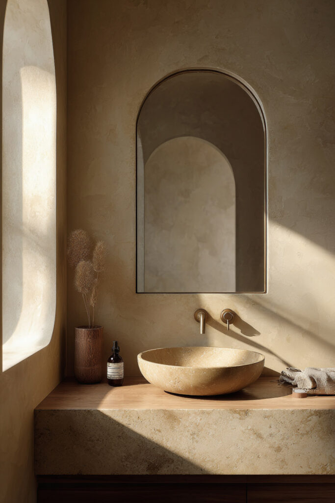 Minimalist bathroom featuring a round stone vessel sink, an arched wall mirror, and warm natural light highlighting the textured plaster walls and wood countertop.