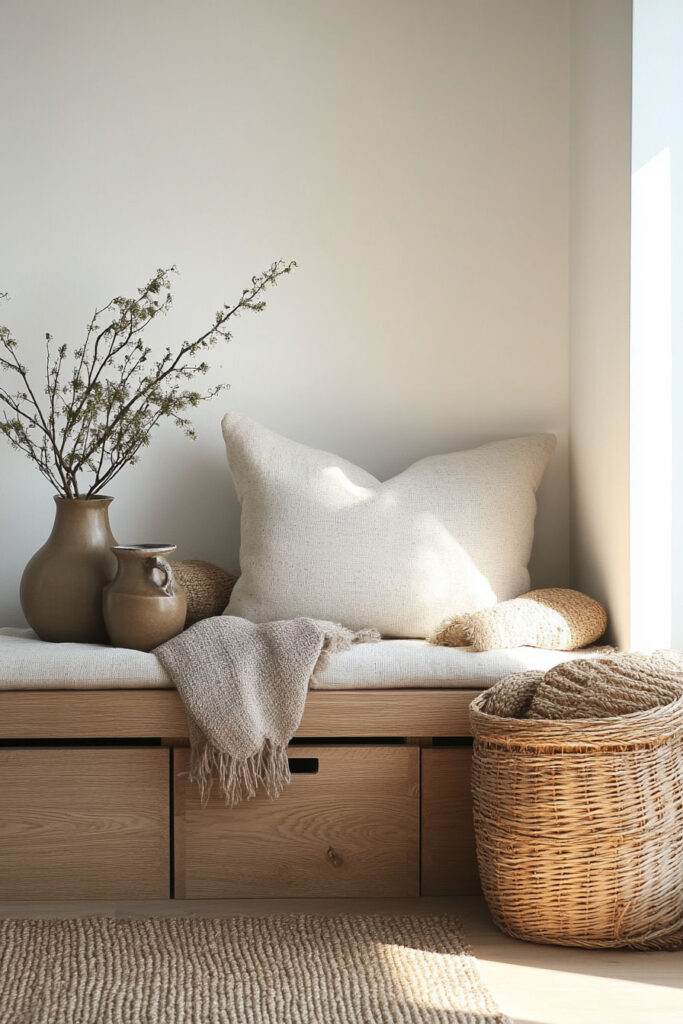 Light-filled corner bench with soft neutral pillows, earthy ceramics, and a woven basket on wood flooring