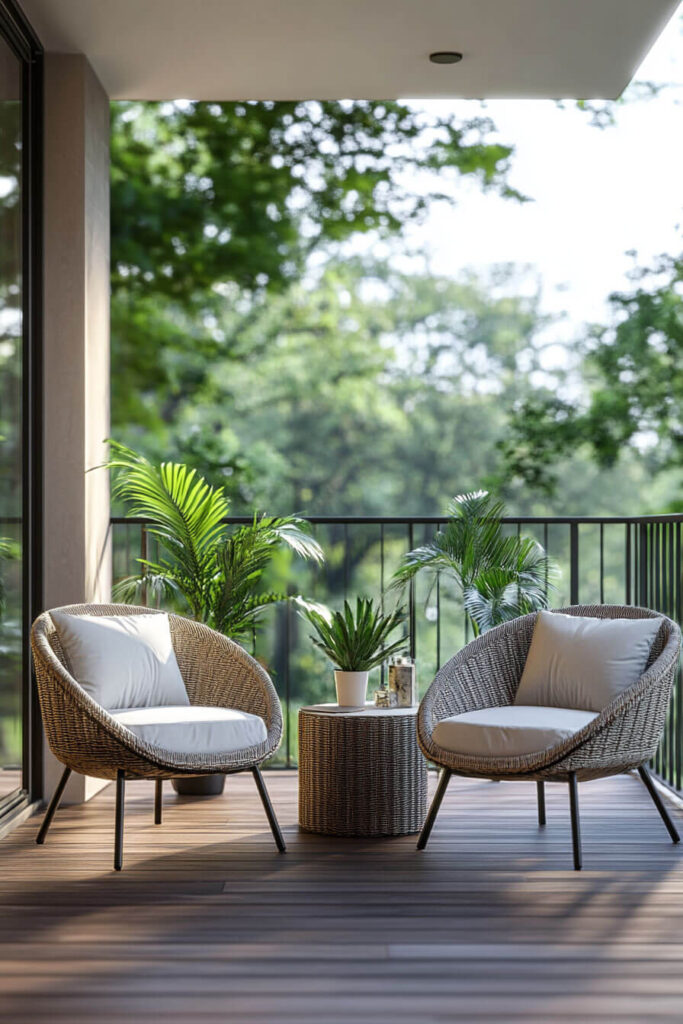 Modern balcony with two rattan chairs, white cushions, round wicker side table, potted green plants, wood flooring, and forest view.