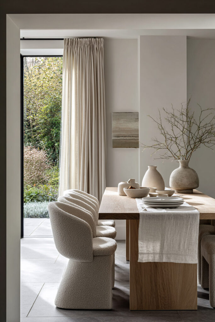 Neutral dining room with soft textured boucle chairs, a light wood table, ceramic decor, and natural linen runner, styled with warm minimalist details and flooded with natural light from large windows.