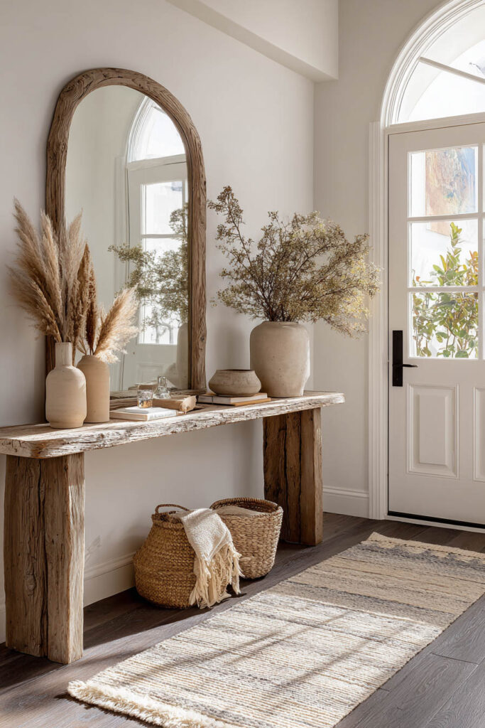 Neutral entryway featuring a rustic wood console table, large arched mirror, pampas grass arrangements, woven baskets, and soft natural light.