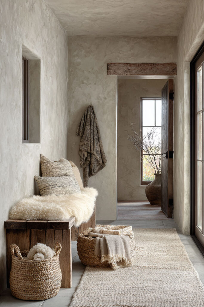 Textured neutral hallway with a rustic wooden bench layered with soft pillows, a faux fur throw, and woven storage baskets filled with blankets, styled in a warm minimalist decor.