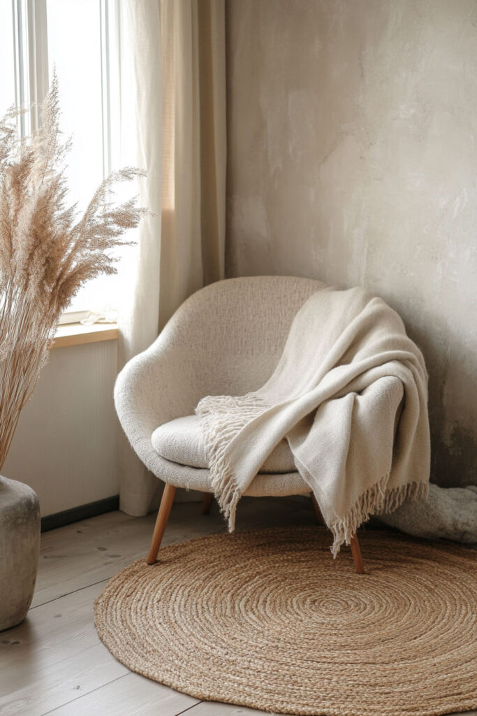 Curved neutral accent chair with a soft fringed throw blanket, placed on a round jute rug beside pampas grass in a rustic vase by a window.