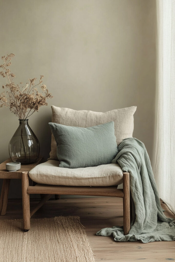 Neutral accent chair styled with a sage green linen pillow and throw, dried florals in a glass vase, and a cozy textured rug on wood flooring.