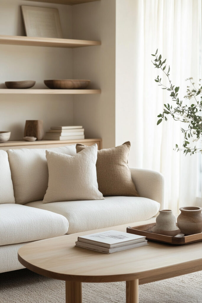 Scandinavian living room with a white sofa, neutral throw pillows, light wood coffee table, and minimalist shelving with wooden accents.