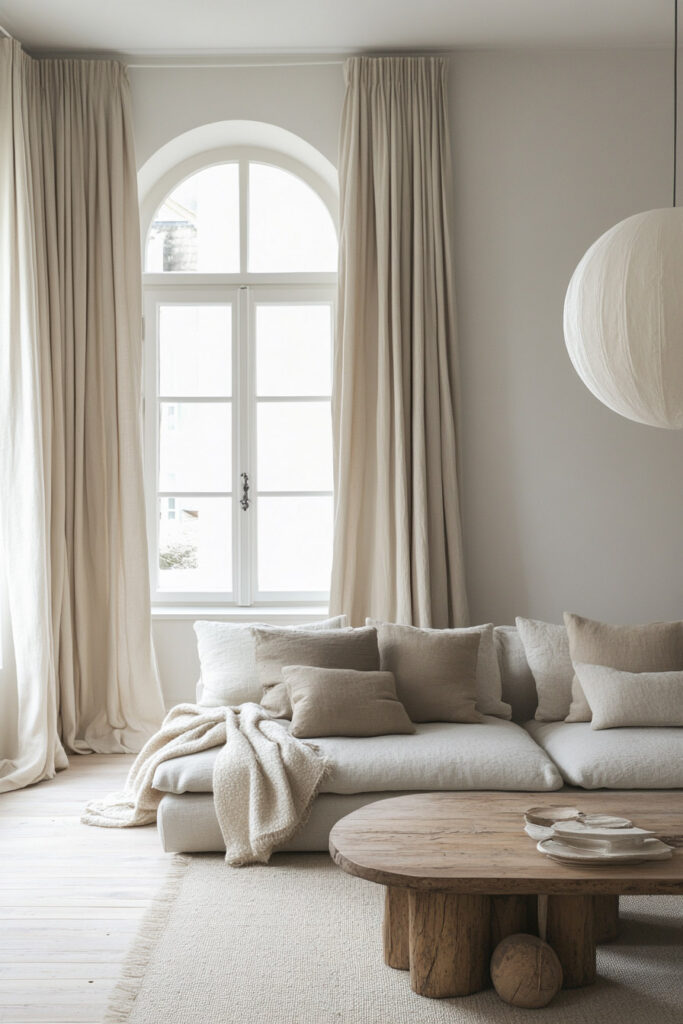Scandinavian minimalist living room with tall arched window, soft beige curtains, low sofa, layered neutral pillows, and round wood coffee table