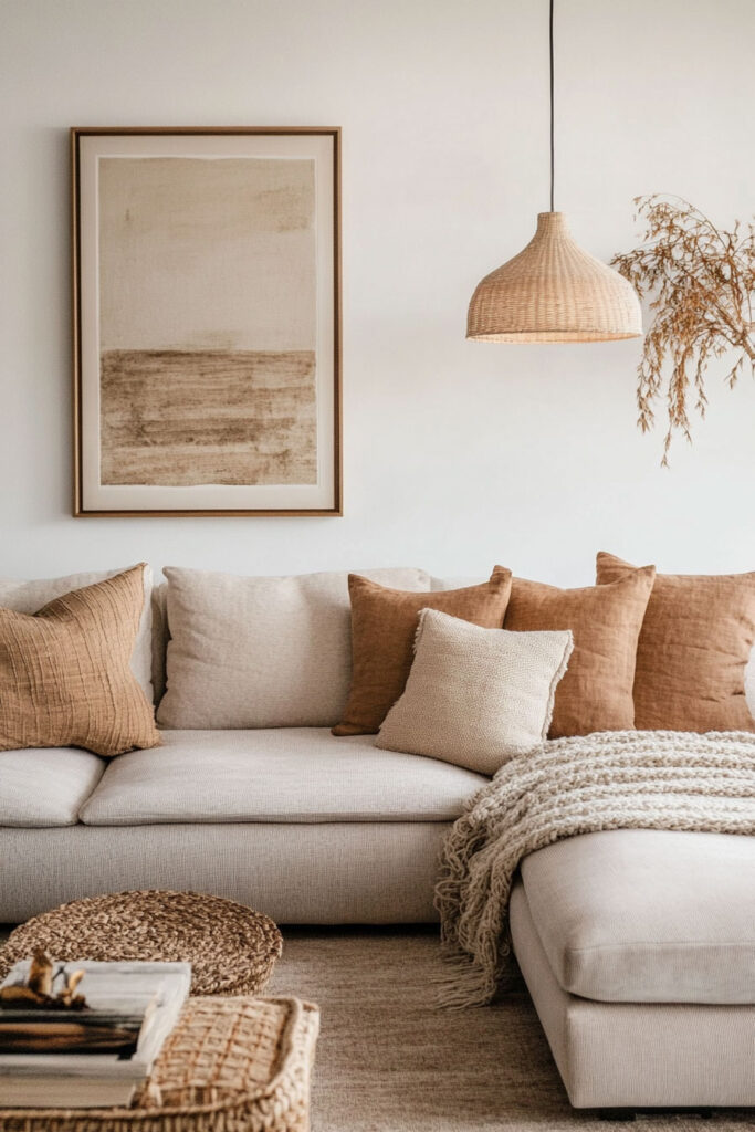 Cozy living room with a light beige sectional, terracotta and neutral throw pillows, wicker pendant light, and minimalist wall art.