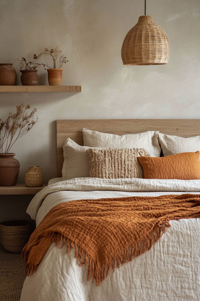 Earthy bedroom styled with a terracotta throw blanket, clay pottery, natural wood shelves, and layered neutral bedding.