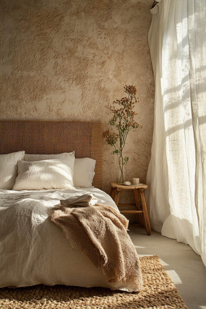 Earthy bedroom with woven headboard, cozy neutral bedding, textured walls, and soft natural light streaming through linen curtains.