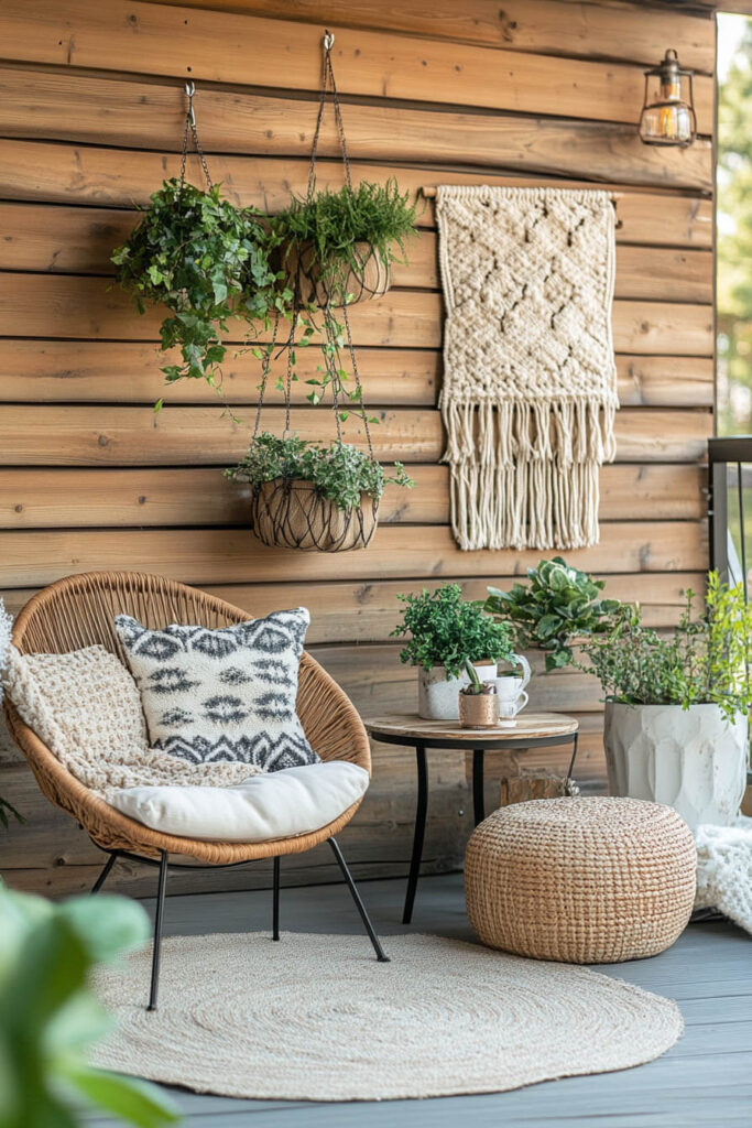 Rustic cozy balcony with wooden wall, woven chair, boho pillows, macrame wall hanging, hanging plants, jute rug, and wicker pouf.