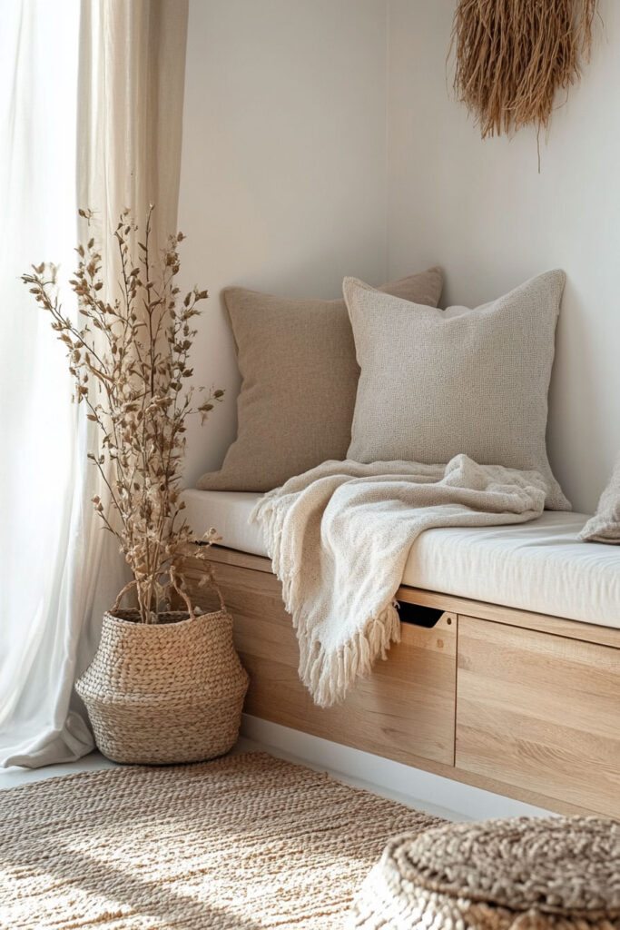 Cozy wood window seat with storage drawers, neutral throw pillows, a woven basket with dried branches, and layered rugs