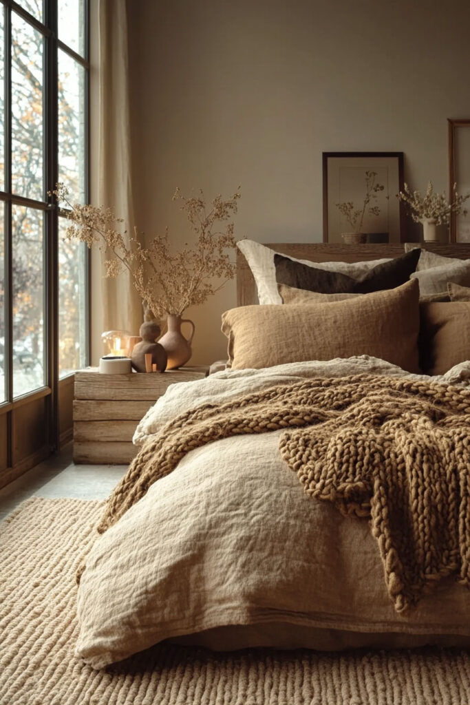 Earthy bedroom styled with warm brown and beige linen bedding, a chunky knit blanket, rustic wood furniture, dried florals, and soft natural light from a large window.