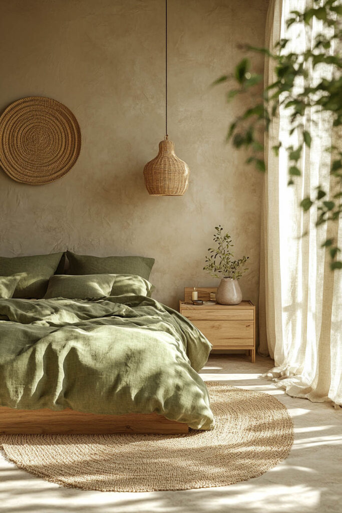 Earthy minimalist bedroom featuring olive green linen bedding, a woven pendant light, textured beige walls, and a natural jute rug.