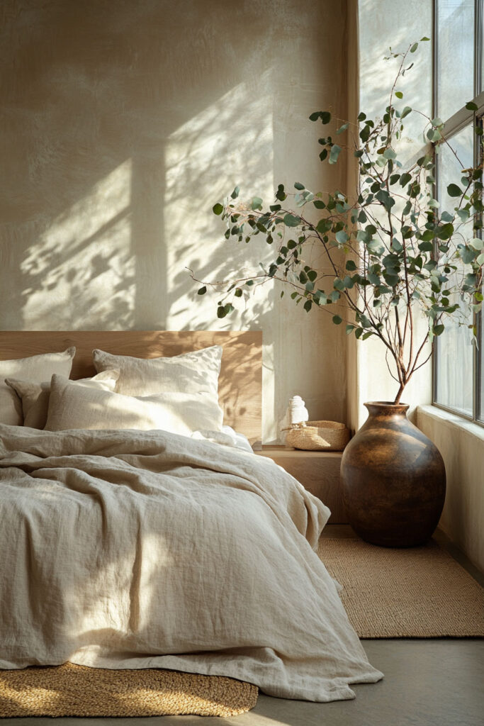 Cozy earthy bedroom with soft linen bedding, large eucalyptus branches in a rustic floor vase, and warm sunlight streaming through the window.
