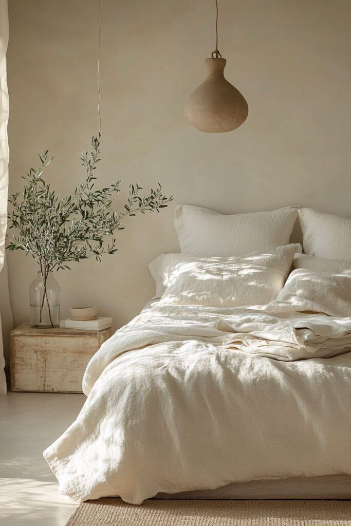 Minimalist bedroom with creamy white linen bedding, textured neutral rug, and an olive branch in a glass vase beside a rustic wood nightstand