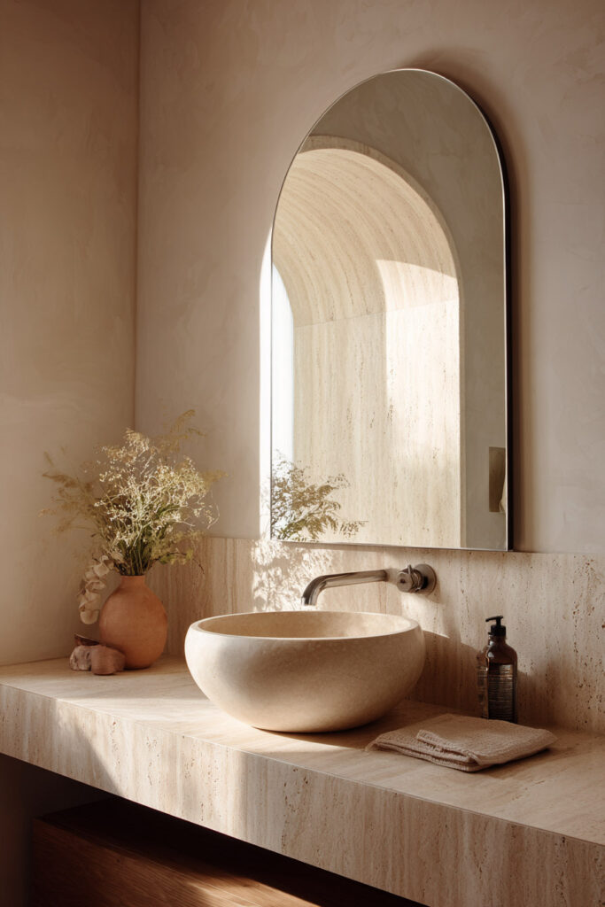 Minimalist bathroom featuring a round stone vessel sink, an arched mirror reflecting soft natural light, and a warm neutral travertine countertop with simple decor.
