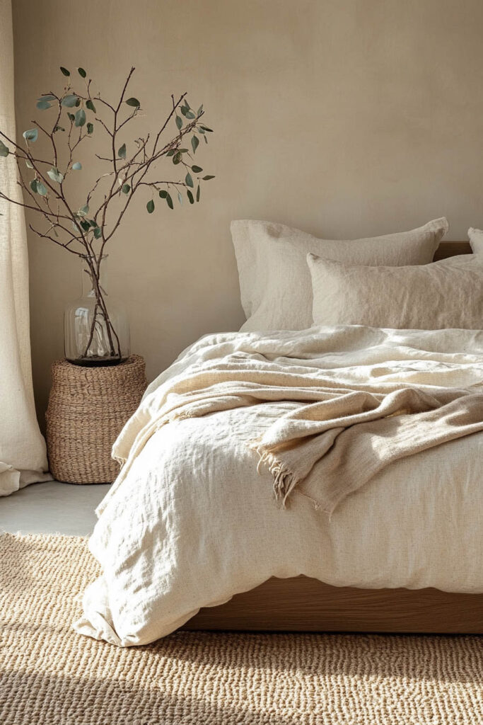 Minimalist bedroom with a woven basket-style nightstand, neutral linen bedding, and a glass vase holding bare branches for organic texture.