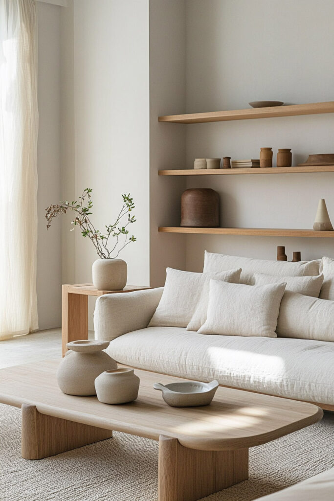 Minimalist Scandinavian living room featuring a low-profile neutral sofa, light wood coffee table, ceramic decor, and floating wood shelves.